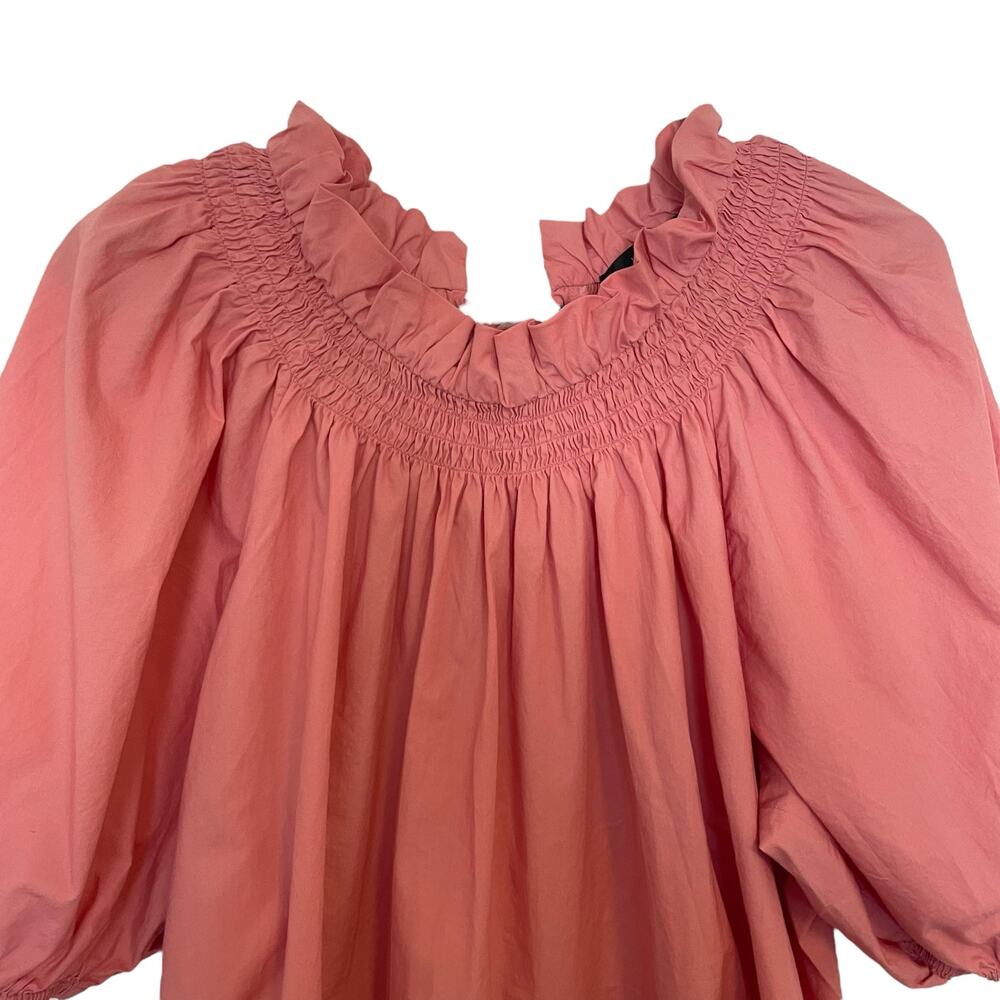 J.Crew Smocked Neck Puff Sleeve Lace Up Back Poplin Top Pink Womens Size Large - Picture 3 of 11